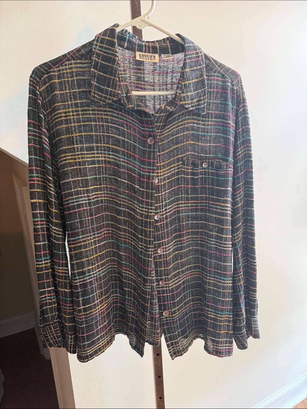 Chicoโs Button-Front Plaid Shirt Jacket - Black Multi